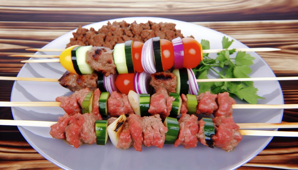 espetinho de carne com legumes e kafta