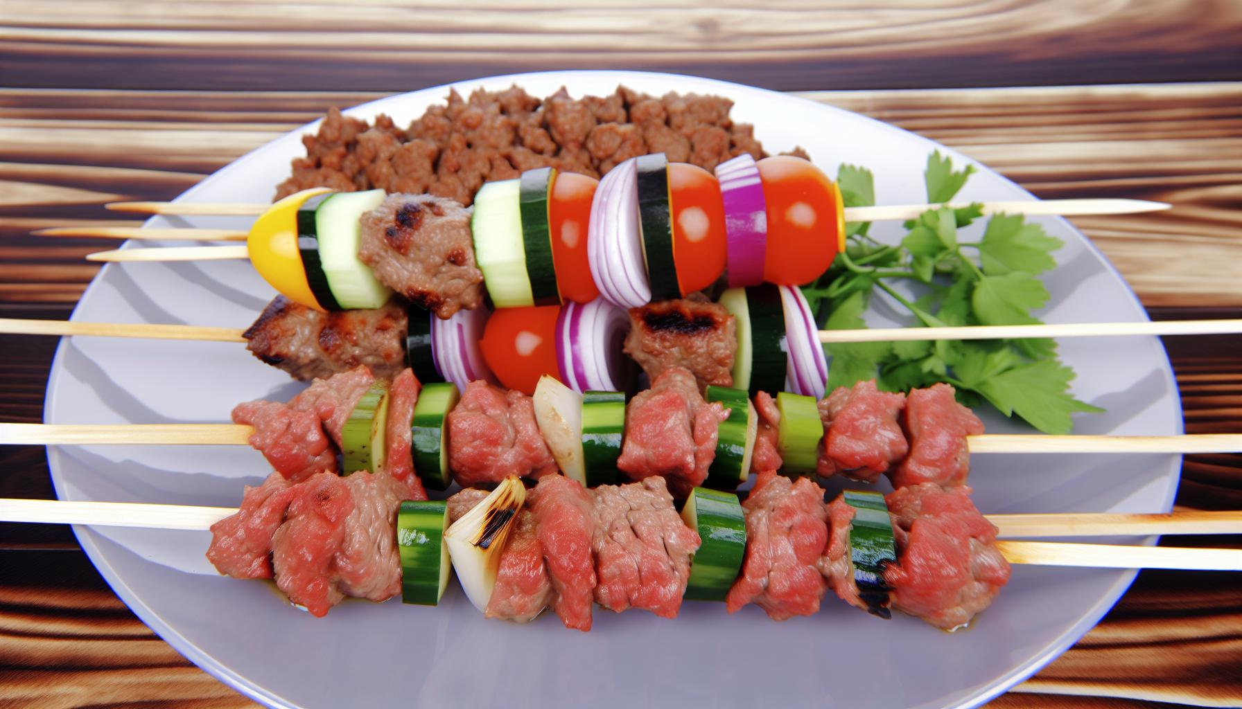 espetinho de carne com legumes e kafta